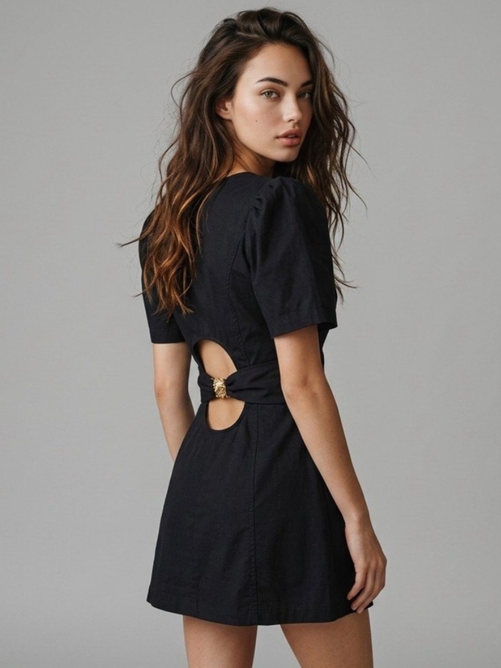Anthropologie Maeve Puff-Sleeve Back-Cutout Mini Dress Black